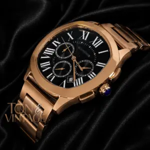 Chronograph Rose Gold Watch With Black Dial and Chain