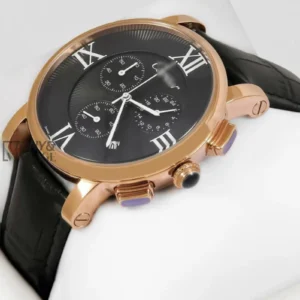 "Chronograph Rose Gold Watch With Black Dial and Leather Strap for Men "