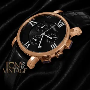 Chronograph Rose Gold Watch With Black Dial and Leather Strap for Men