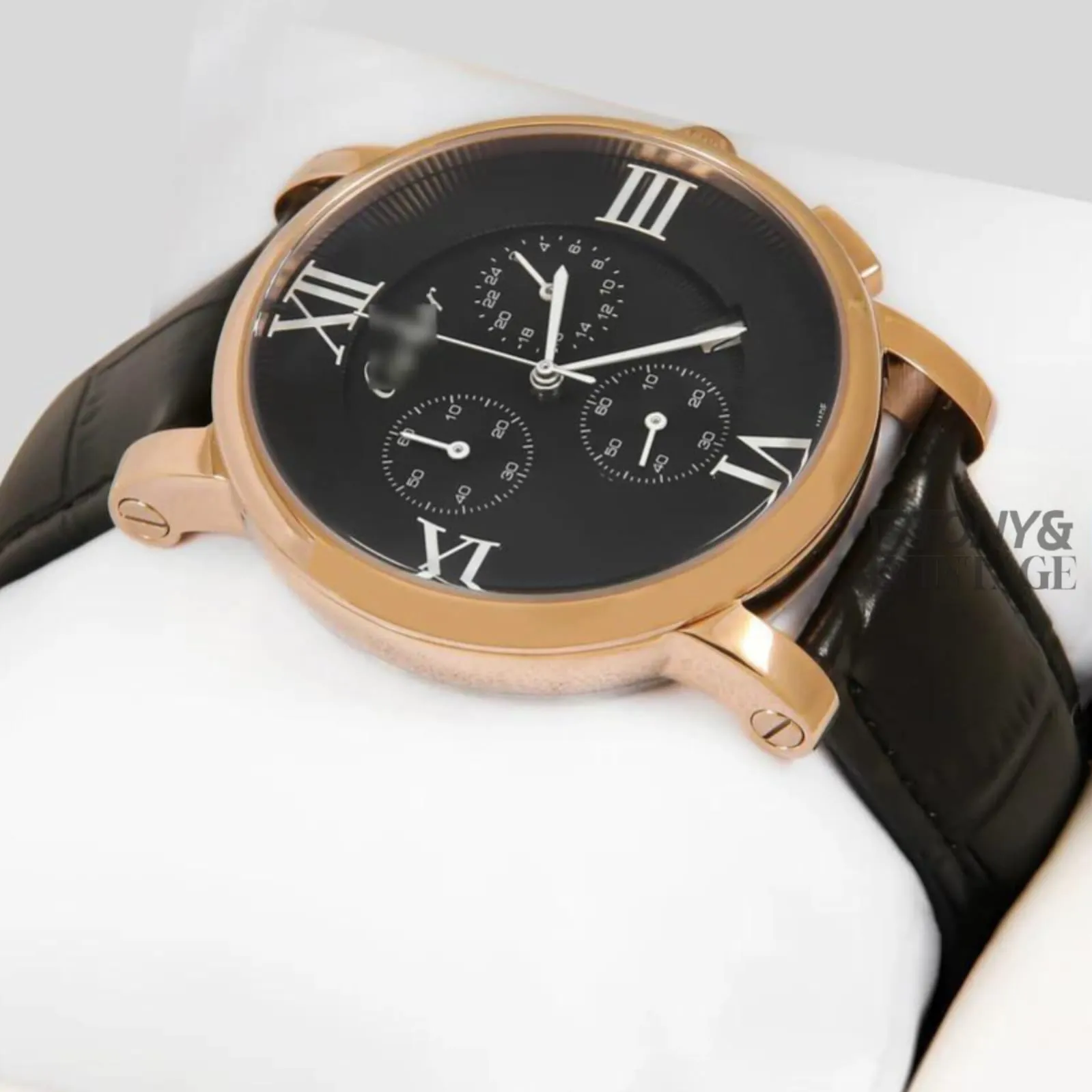 "Chronograph Rose Gold Watch With Black Dial and Leather Strap for Men " - Image 2