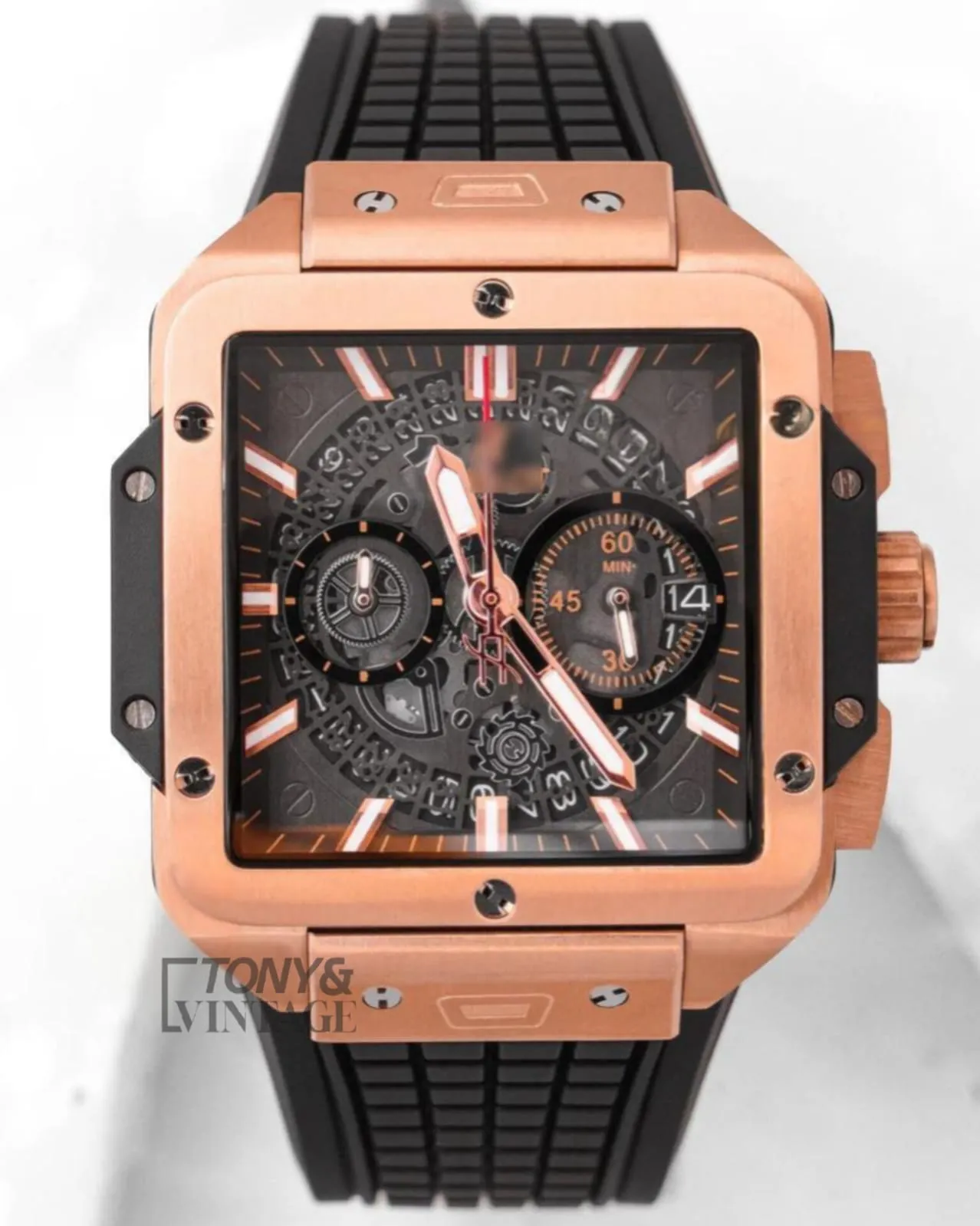Chronograph Rose Gold Watch With Black Dial and PVC Strap