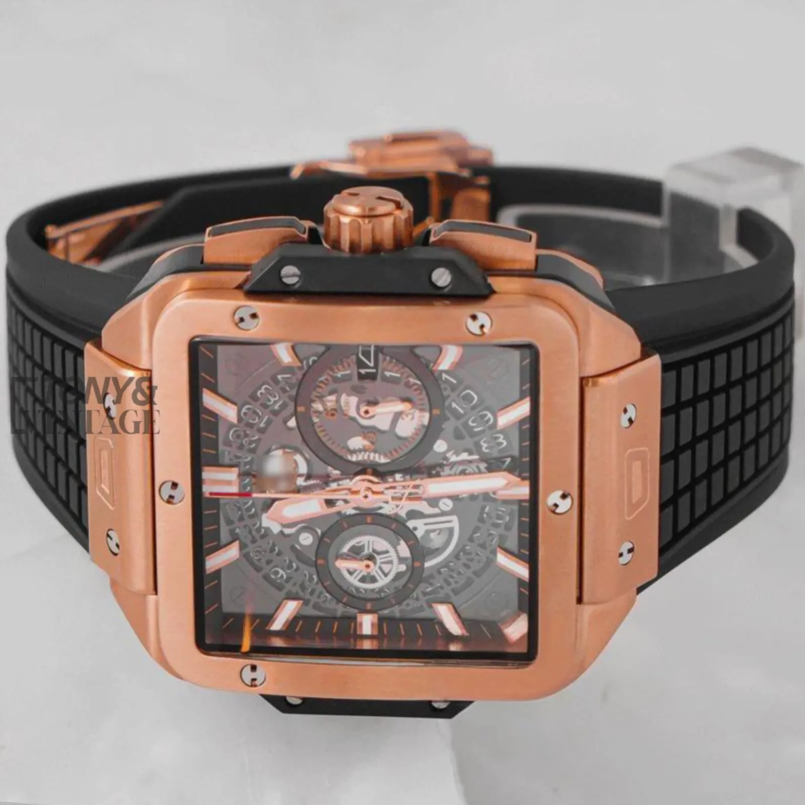 Chronograph Rose Gold Watch With Black Dial and PVC Strap - Image 2