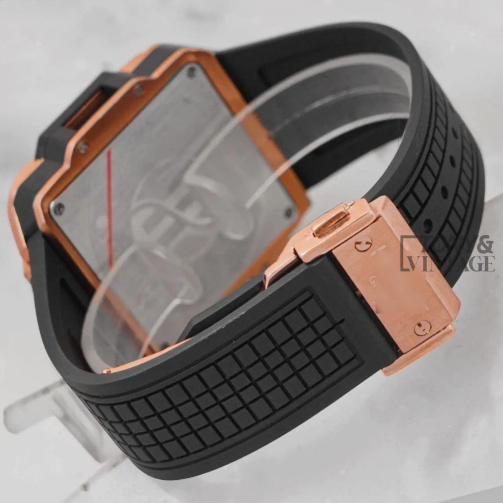Chronograph Rose Gold Watch With Black Dial and PVC Strap - Image 3