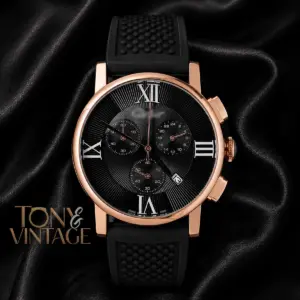Chronograph Rose Gold Watch With Black Dial and PVC Strap