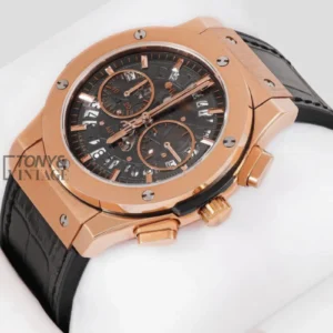 Chronograph Rose Gold Watch With Brown Skeleton Dial & Black Leather Strap