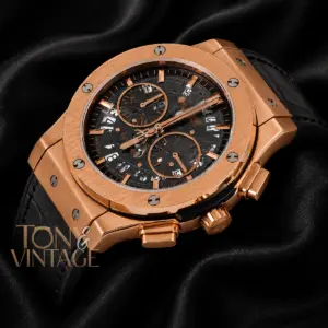 Chronograph Rose Gold Watch With Brown Skeleton Dial & Black Leather Strap