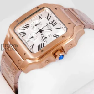 Chronograph Rose Gold Watch With Silver Dial and Chain