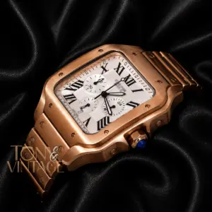 Chronograph Rose Gold Watch With Silver Dial and Chain