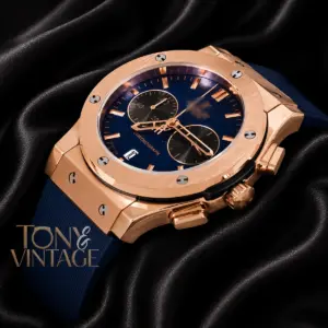 Chronograph Rose Gold Watch with Blue Dial and PVC Strap