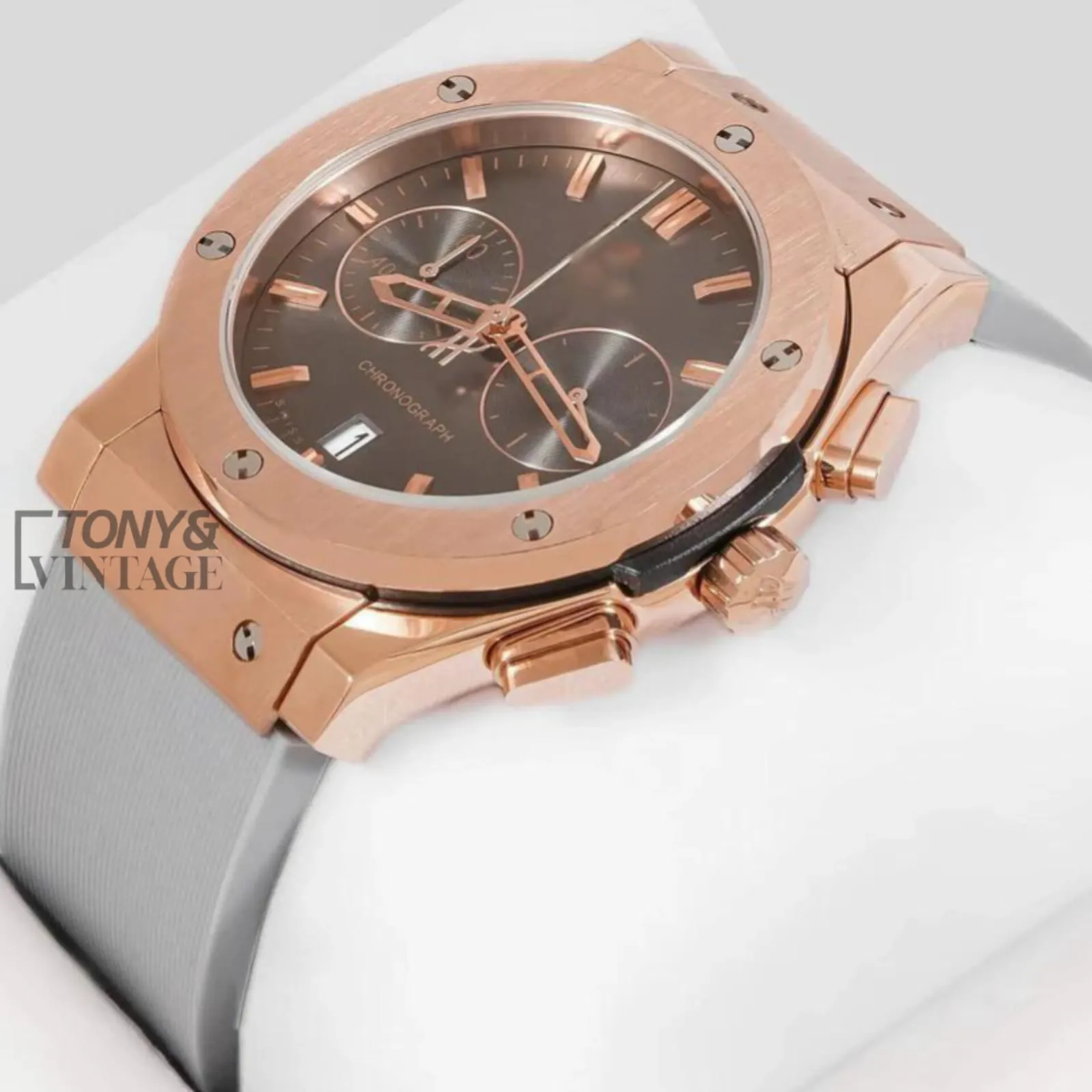 Chronograph Rose Gold Watch with Charcoal Gray Dial and PVC Strap