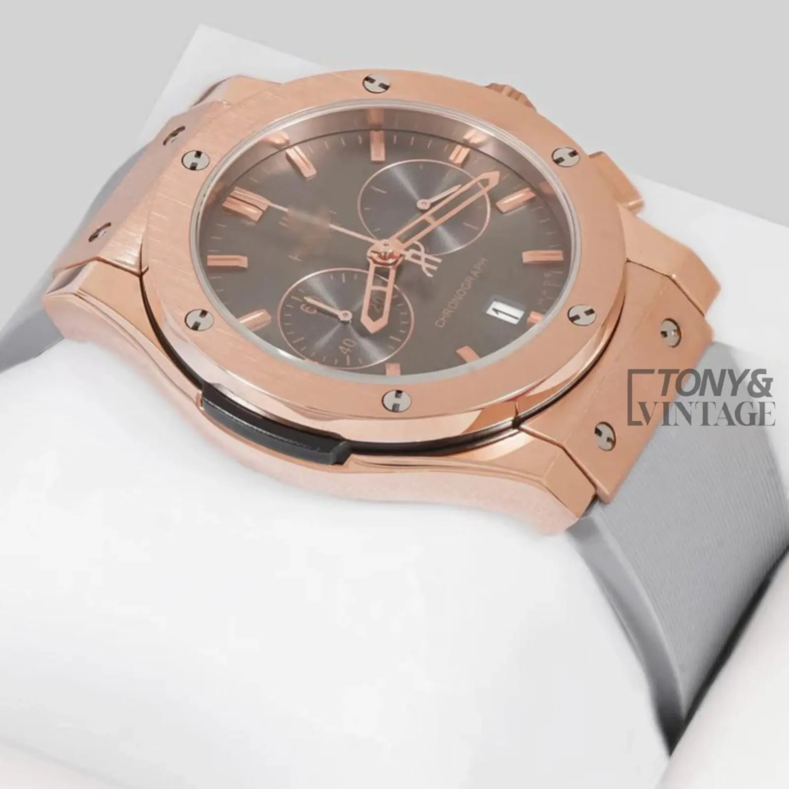 Chronograph Rose Gold Watch with Charcoal Gray Dial and PVC Strap - Image 2