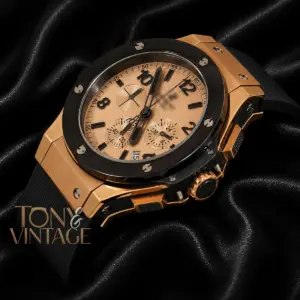 Chronograph Rose Gold Watch with Dial and Black PVC Strap