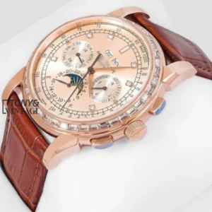 Chronograph Rose Gold Watch with Dial and Leather Strap