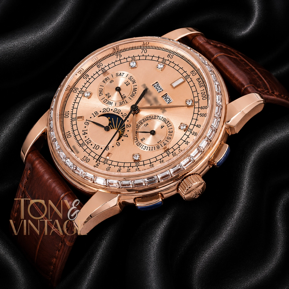 Chronograph Rose Gold Watch with Dial and Leather Strap