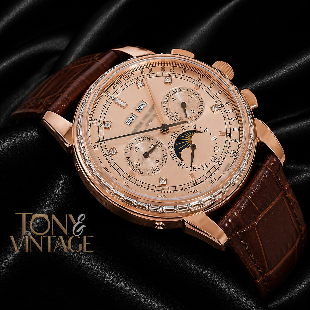 Chronograph Rose Gold Watch with Dial and Leather Strap - Image 2