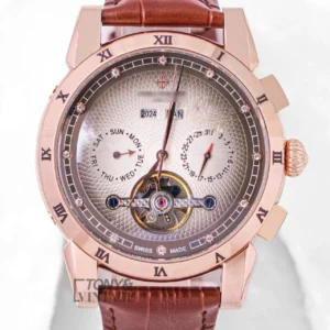 Chronograph Rose Gold Watch with Gray Dial and Leather Strap