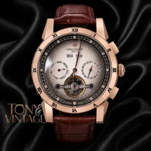 Chronograph Rose Gold Watch with Gray Dial and Leather Strap