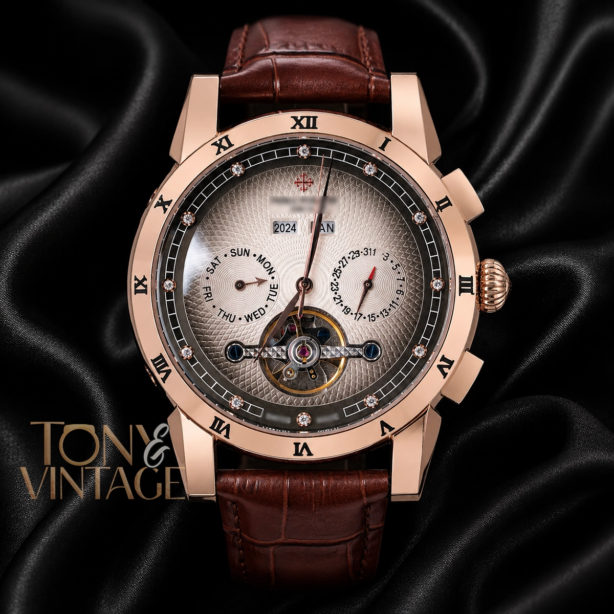 Chronograph Rose Gold Watch with Gray Dial and Leather Strap
