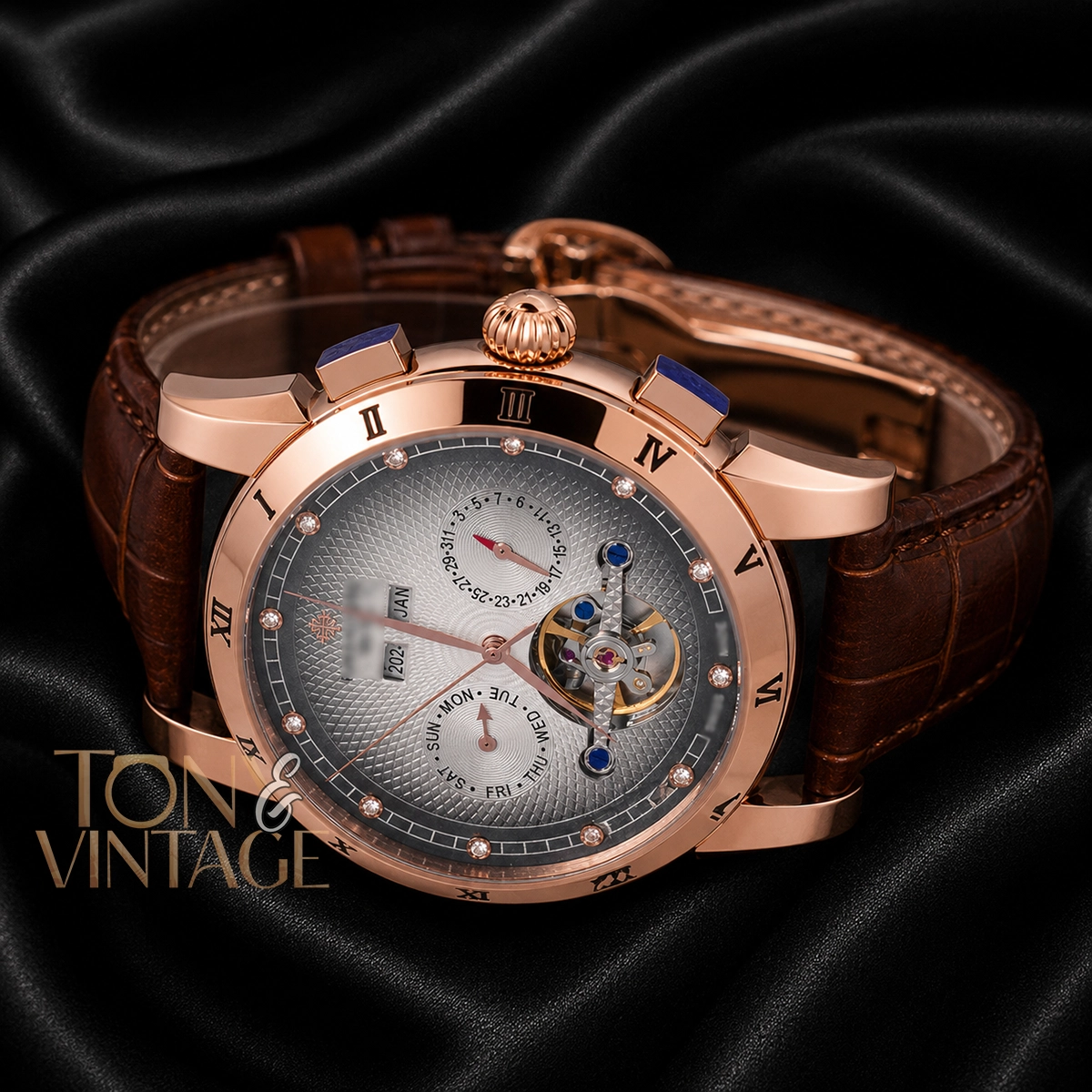 Chronograph Rose Gold Watch with Gray Dial and Leather Strap - Image 2