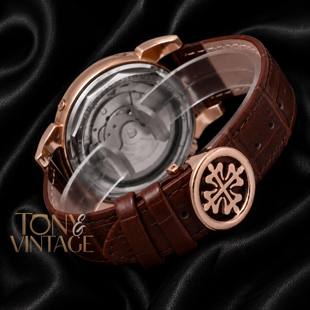 Chronograph Rose Gold Watch with Gray Dial and Leather Strap - Image 3