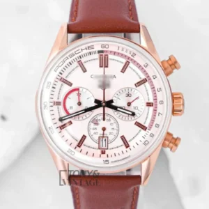 "Chronograph Rose Gold Watch with Peach Dial and Brown Leather Strap "