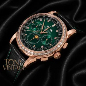 Chronograph Rose Gold Watch with Sea Green Dial and Black Leather Strap