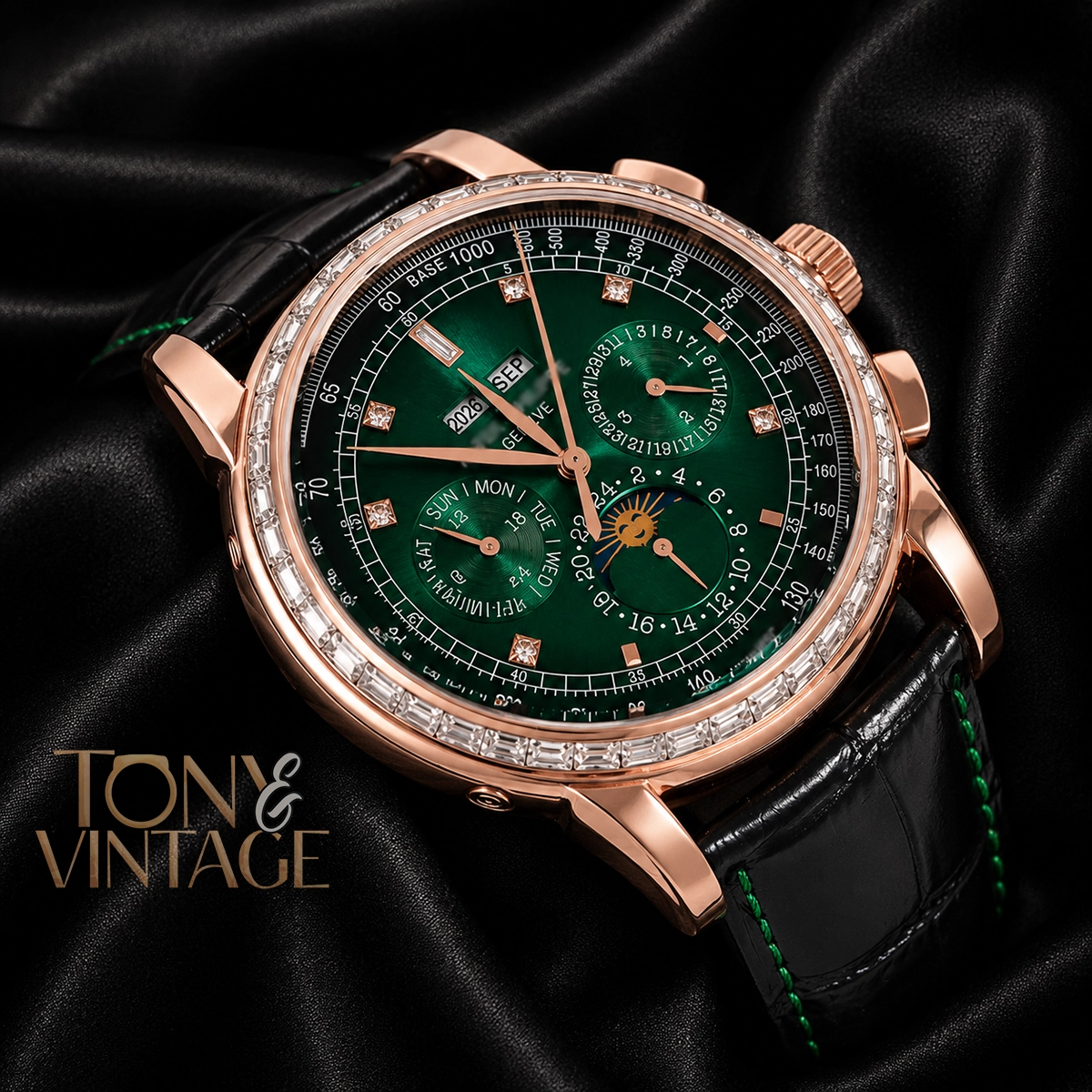 Chronograph Rose Gold Watch with Sea Green Dial and Black Leather Strap - Image 2