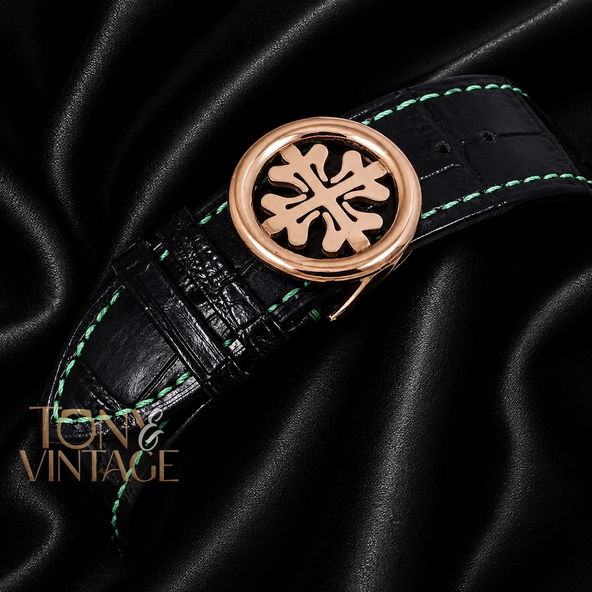 Chronograph Rose Gold Watch with Sea Green Dial and Black Leather Strap - Image 3