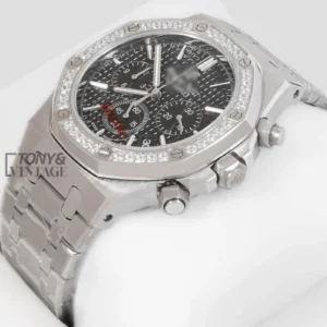 Chronograph Silver Black Dial Stone Bezel