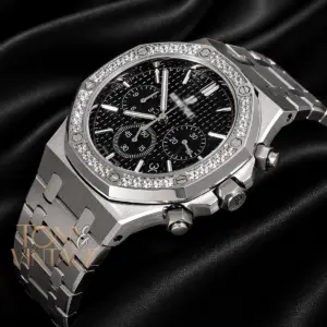 Chronograph Silver Black Dial Stone Bezel