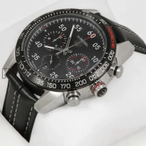 Chronograph Silver Case with Black Dial, Bezel, and Leather Strap Watch