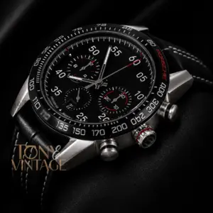 Chronograph Silver Case Watch with Black Dial, Bezel & Black Leather Strap