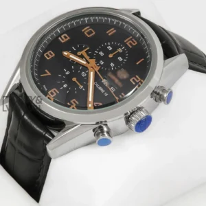 "Chronograph Silver Case Watch with Black Dial & Leather Strap "