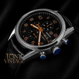 Chronograph Silver Case Watch with Black Dial & Leather Strap