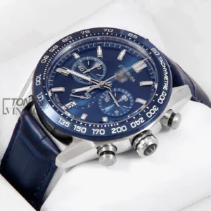 "Chronograph Silver Case Watch with Deep Blue Dial, Bezel, and Leather Strap "
