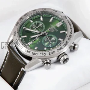 Chronograph Silver Case Watch with Deep Green Dial and Leather Strap