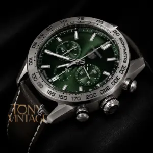 Chronograph Silver Case Watch with Deep Green Dial and Leather Strap