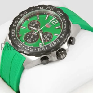 "Chronograph Silver Case Watch with Green Dial and Strap "