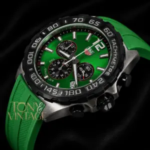 Chronograph Silver Case Watch with Green Dial and Strap