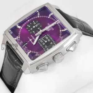 "Chronograph Silver Case Watch with Purple Dial and Leather Strap "