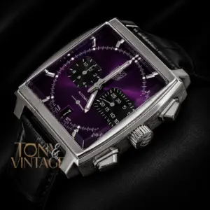 Chronograph Silver Case Watch with Purple Dial and Leather Strap