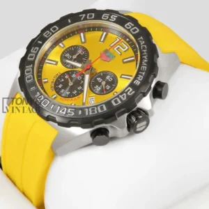 "Chronograph Silver Case Watch with Yellow Dial and Strap "