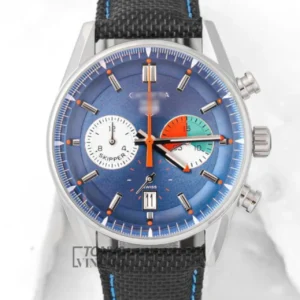 "Chronograph Silver Case with Blue Dial and Black Leather Strap Watch "
