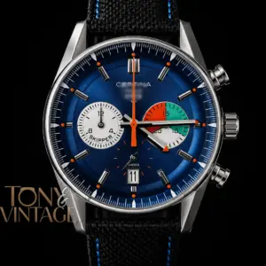 Chronograph Silver Case with Blue Dial and Black Leather Strap Watch