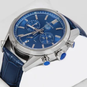 "Chronograph Silver Case with Blue Dial and Leather Strap Watch "