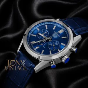 Chronograph Silver Case with Blue Dial and Leather Strap Watch