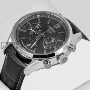 "Chronograph Silver Case with Grey Dial and Leather Strap Watch "