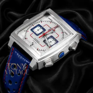 Chronograph Silver Case with White Dial and Blue Dotted Leather Strap Watch