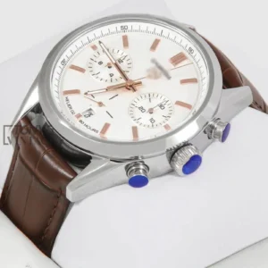Chronograph Silver Case with White Dial and Dark Brown Leather Strap