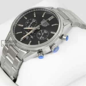 Chronograph Silver Watch with Black Dial and Chain